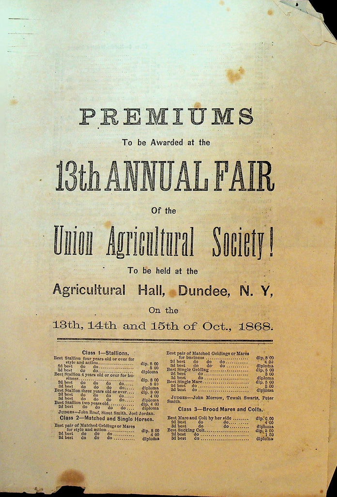 Union Agricultural Fair Premium List Booklet 1868 Dundee NY0