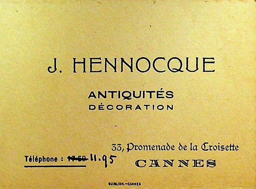 J Hennocque Antiques Business Card 1930s Cannes France0