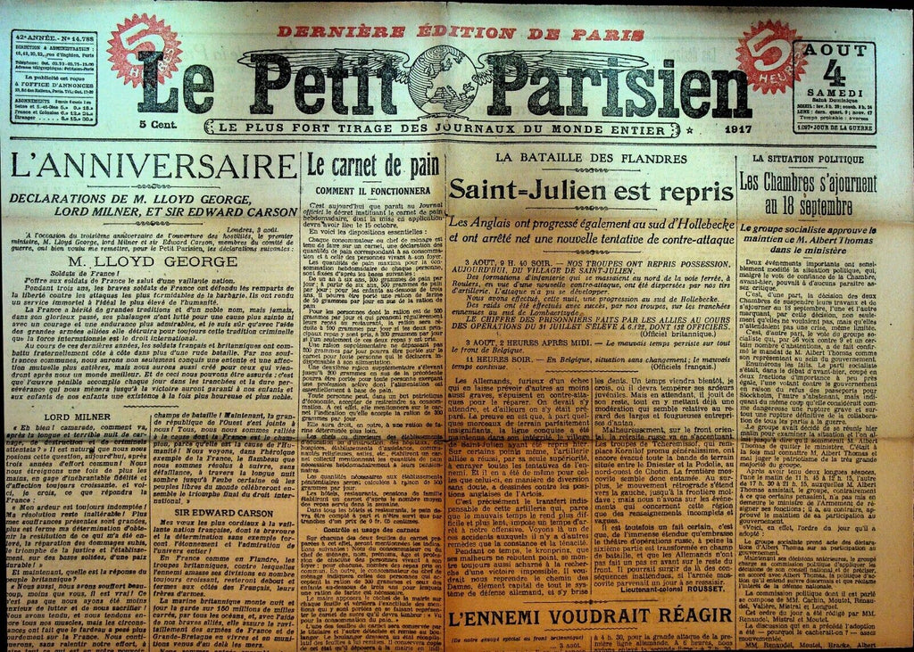 Le Petit Parisien WWI Newspaper France August 4 1917 David Lloyd George