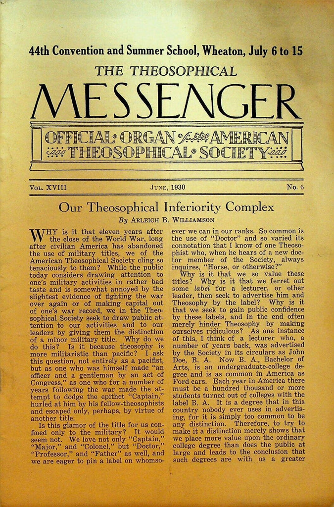 Theosophical Messenger Magazine June 1930 Krishnamurti