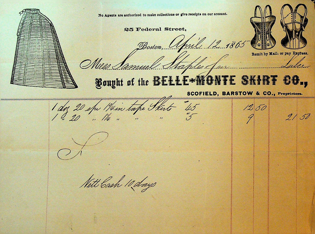Belle Monte Skirt Co Billhead April 12 1865 Boston Scofield Barstow & Co0
