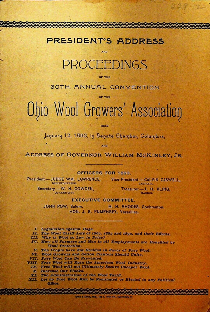 Ohio Wool Growers Association Proceedings President's Address 1893 McKinley