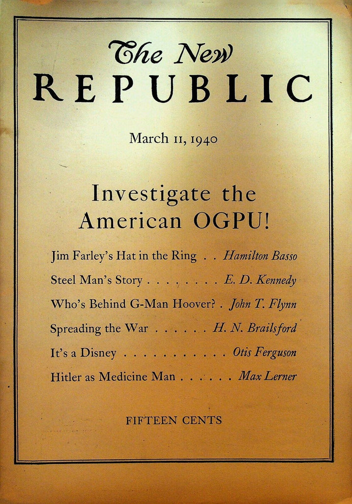 The New Republic Magazine March 11 1940 Walt Disney Pinocchio J Edgar Hoover