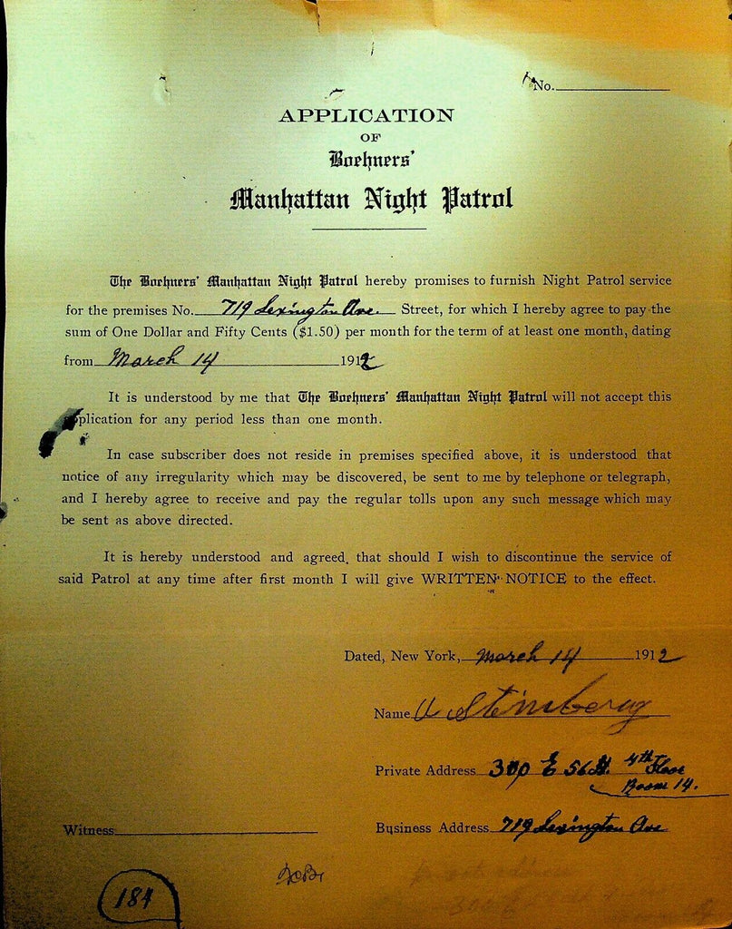 Boehners Manhattan Night Patrol Signed Contract 1910 A Steinberg 300 E 56th St