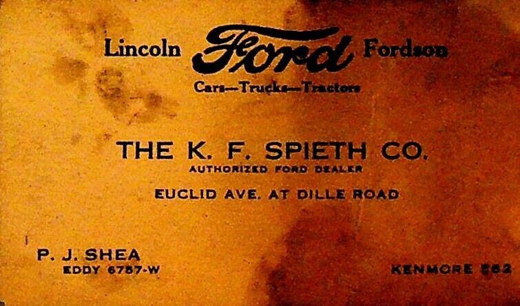 KF Spieth Lincoln Ford Fordson Cars Business Card 1930s Cleveland Ohio