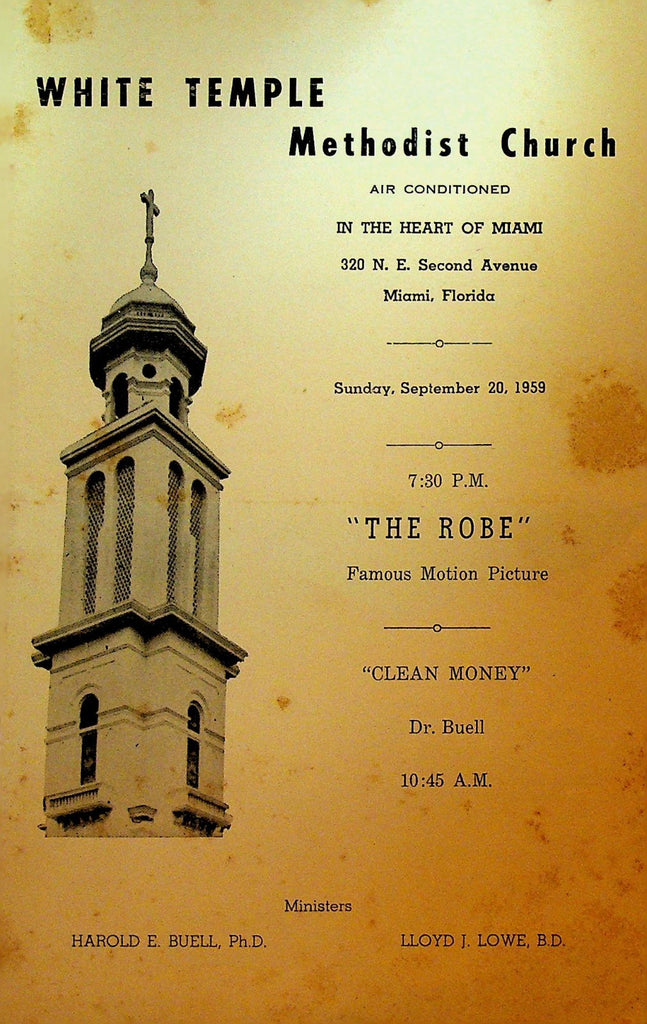 White Temple Methodist Church Bulletin Miami Fl September 20 1959 The Robe0