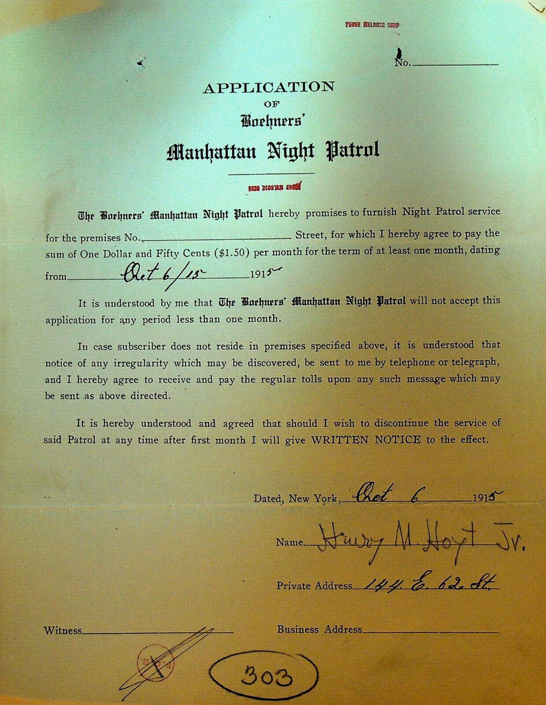 Boehners Manhattan Night Patrol Signed Contract 1915 H Hoyt Jr 144 E 62nd St