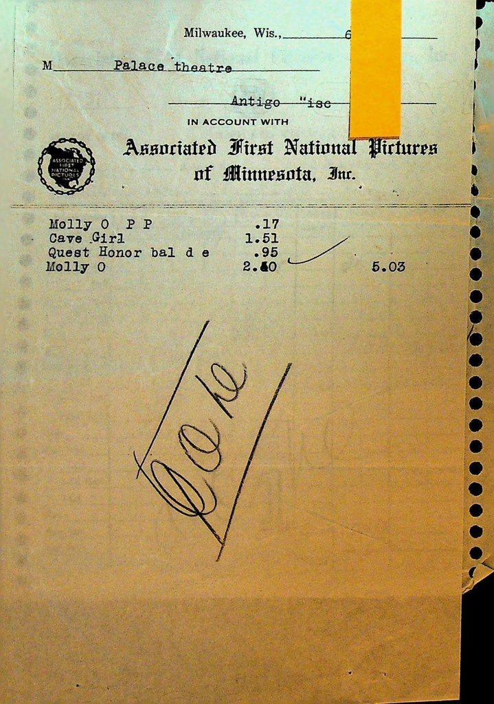 Associated First National Pictures Invoice June 12 1922 Cave Girl0