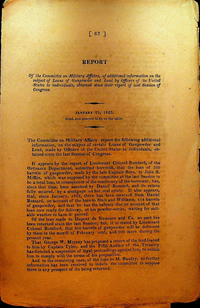 Congressional Report Loans of Gunpowder & Lead January 21 18230