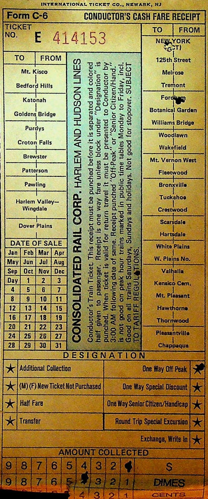 Consolidated Rail Corp Harlem & Hudson Lines Conductor's Cash Fare Receipt0