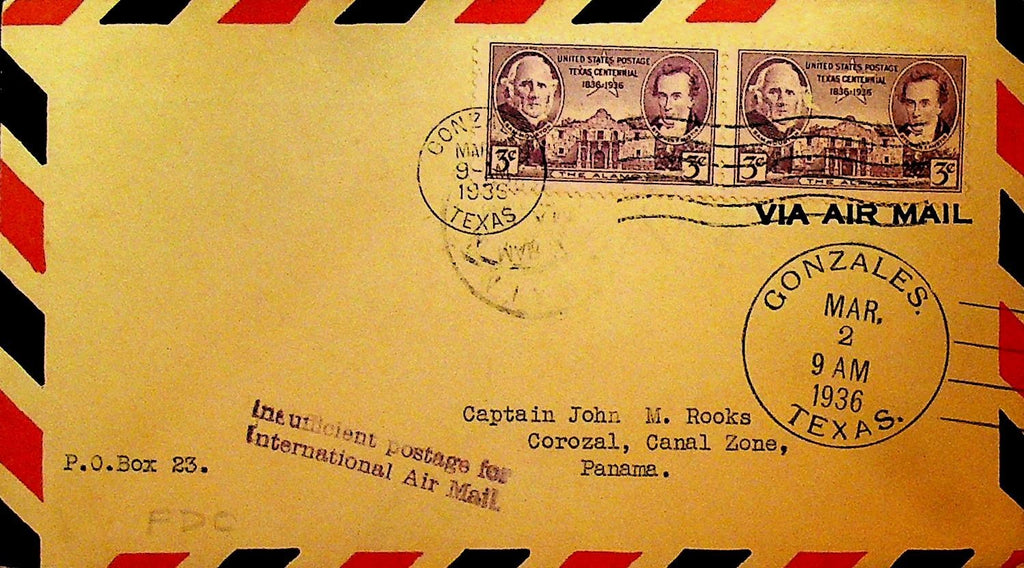 International Air Mail Insufficient Postage Cover 1936 to Panama from Texas0