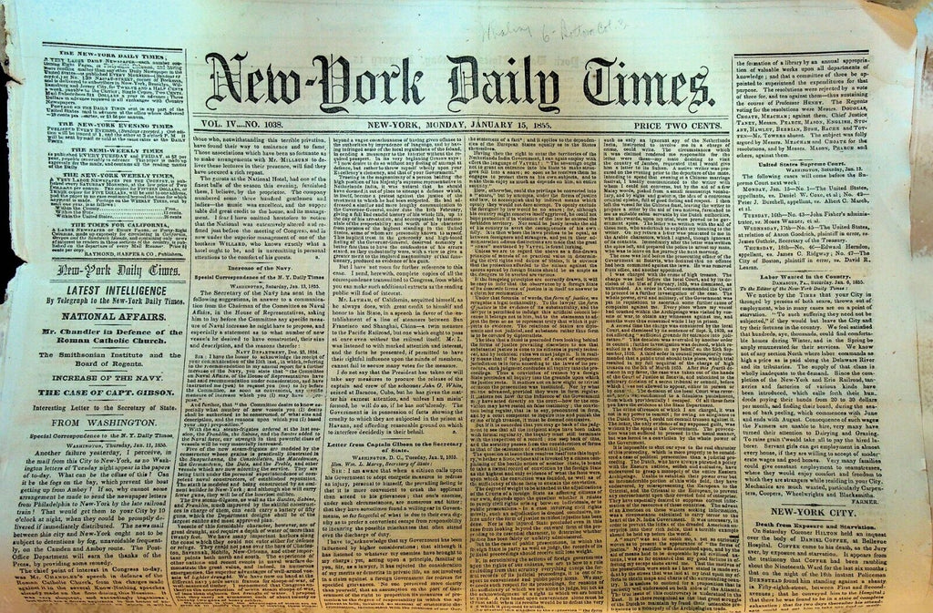 New York Times January 15 1855 Slavery Question US Navy Roman Catholic Church