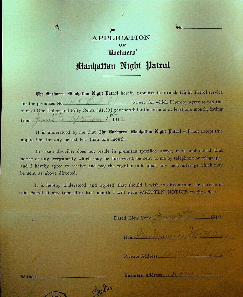 Boehners Manhattan Night Patrol Signed Contract 1910 Mrs Weritheimer E 61st St