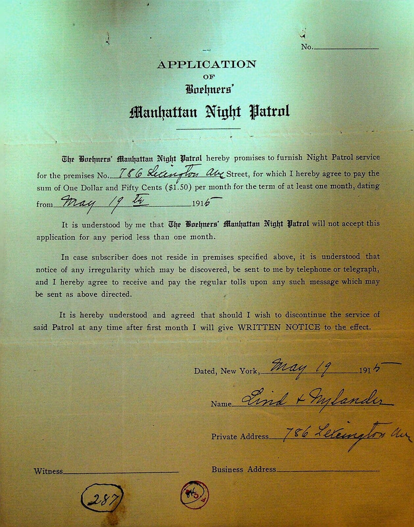 Boehners Manhattan Night Patrol Signed Contract 1915 Lind & Mylander Lexington