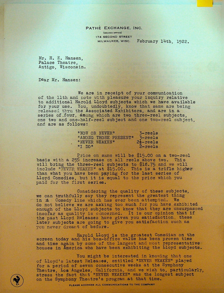 Pathe Exchange Letterhead February 14 1922 Never Weaken Among Those Present0