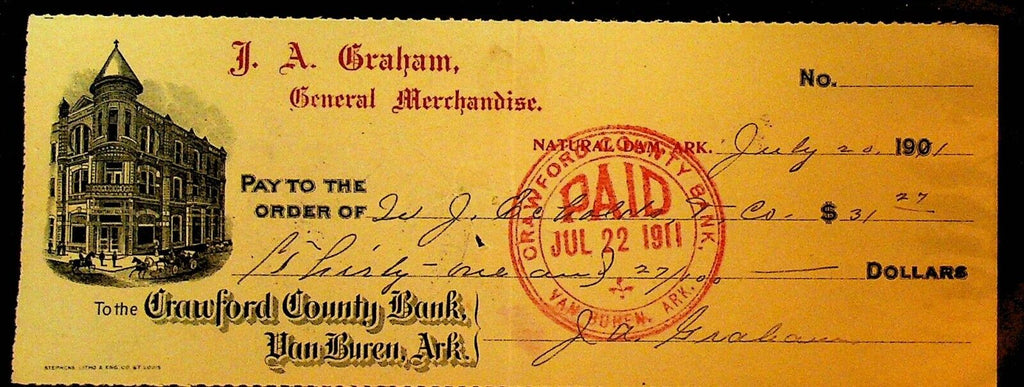 Crawford County Bank Van Buren Arkansas Used Bank Check 1901