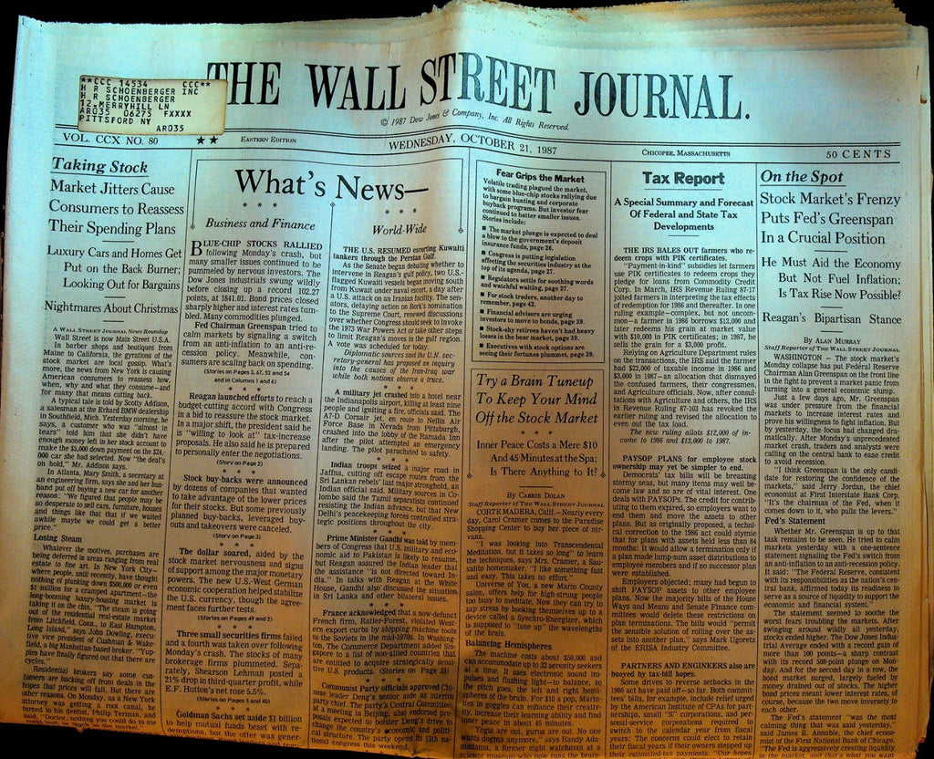 Wall Street Journal October 21 1987 Stock Market Crash0