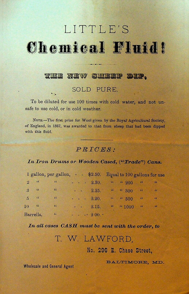 Little's Chemical Fluid the New Sheep Dip AD Sheet TW Lawford Baltimore 1800s