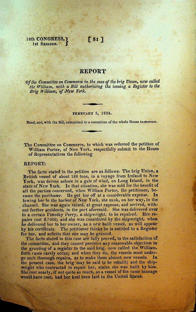 Congressional Report British Ship Brig Union William February 3 18240