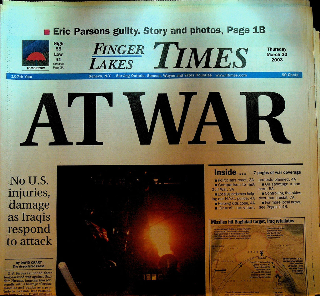 Finger Lakes Times Newspaper March 20 2003 Eric Parsons Iraq War Starts0