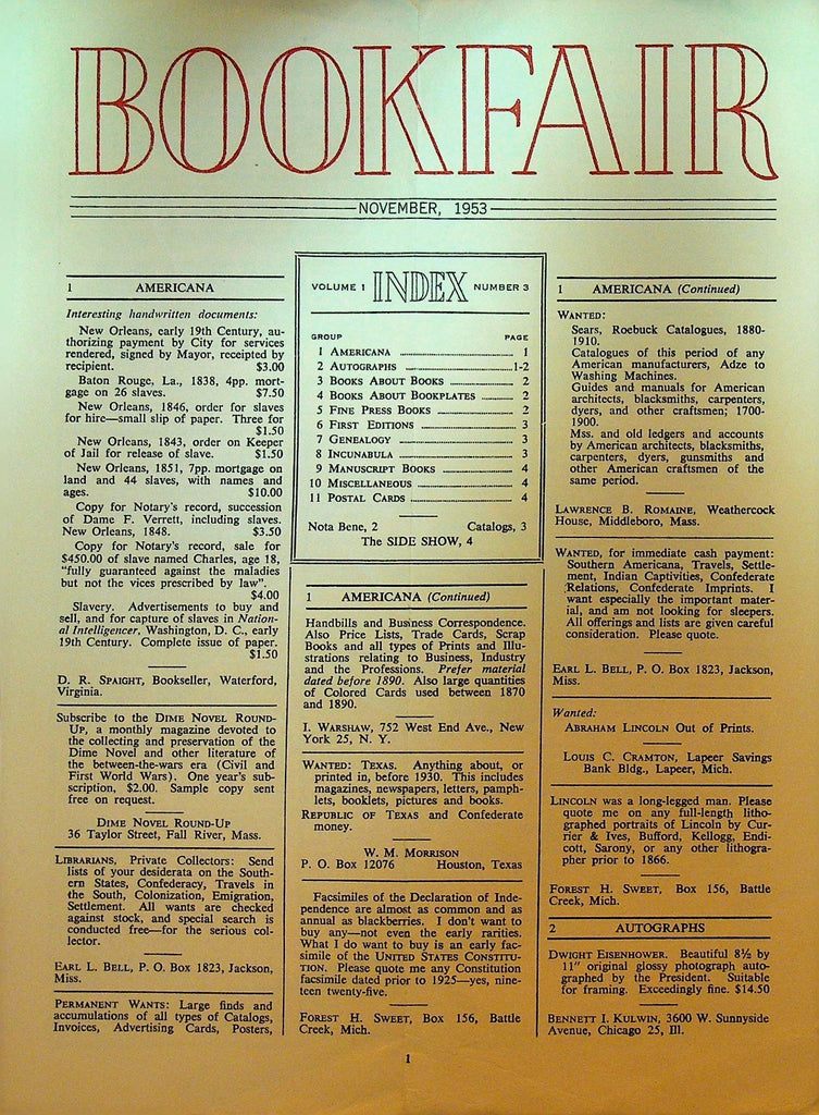Bookfair November 1953 Monthly Literary Exchange Magazine0