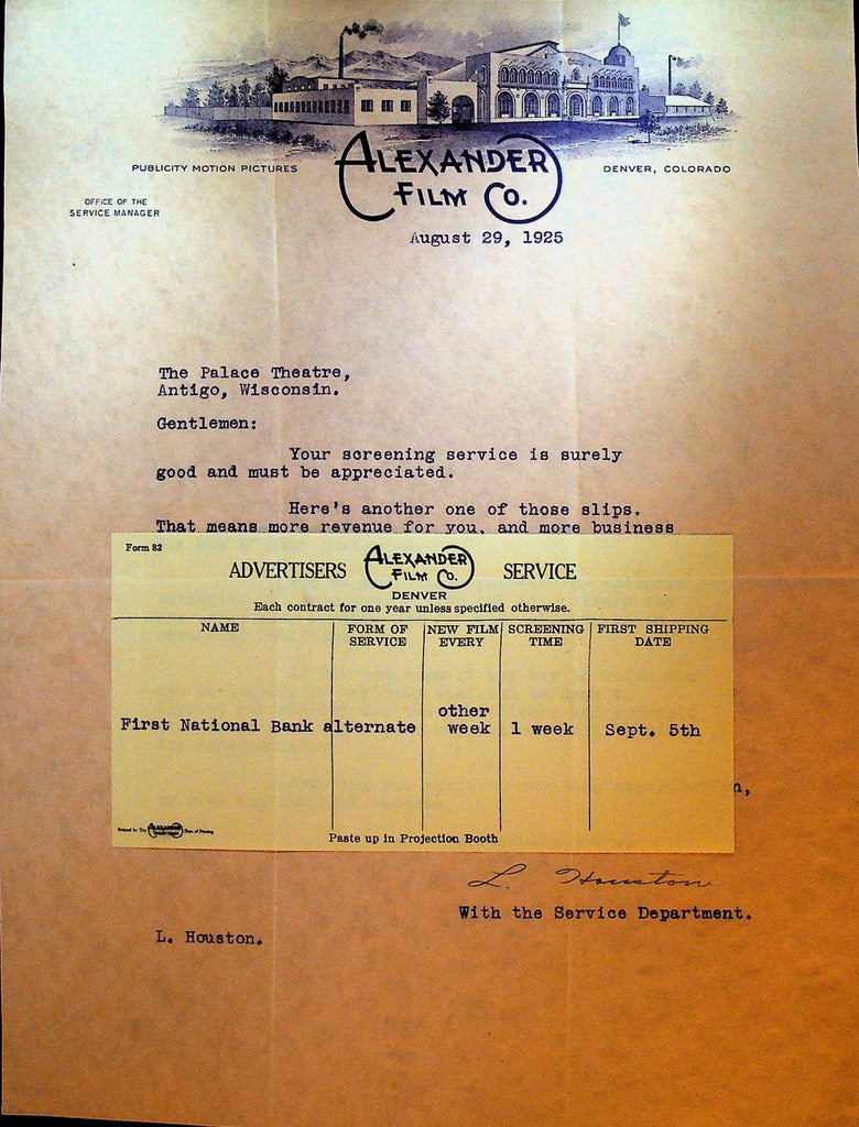 Alexander Film Letterhead August 29 1925 Palace Theatre Antigo Wi0