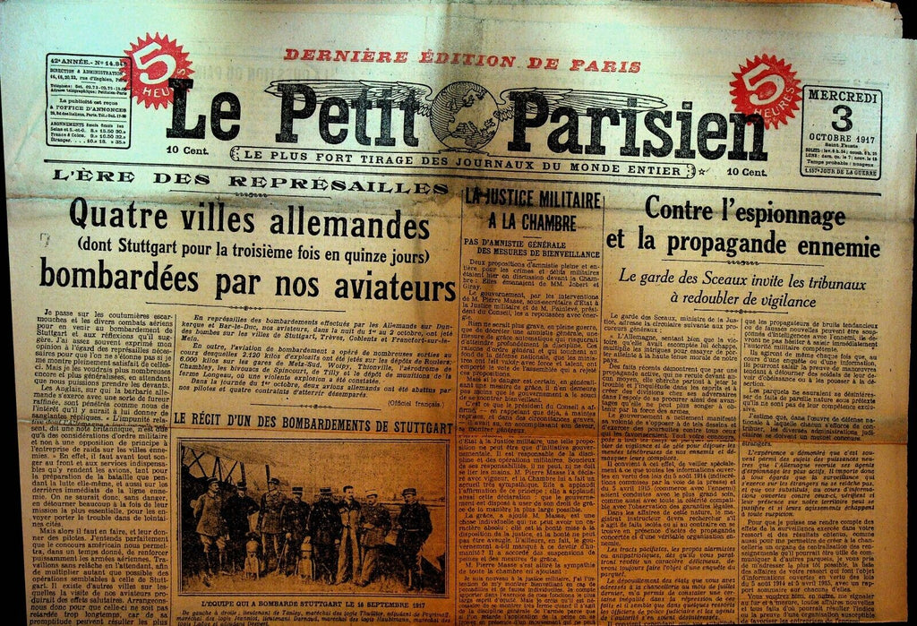 Le Petit Parisien WWI Newspaper France October 3 1917 Bombing Stuttgart