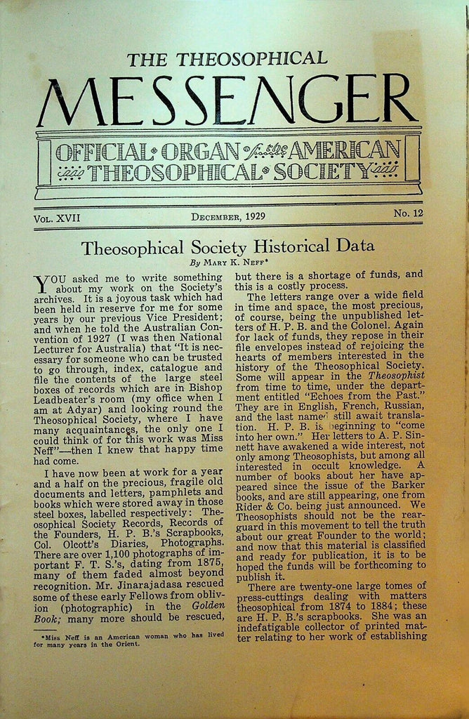 American Theosophical Messenger December 1929 Historical Data