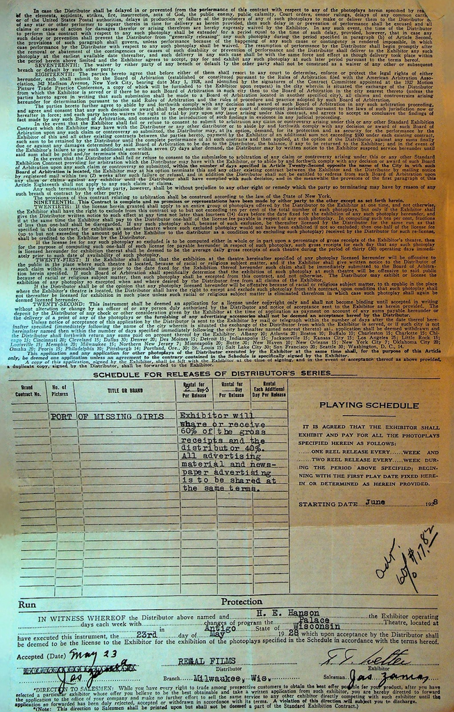 Regal Films Standard Exhibition Contract May 23 1928 Port of Missing Girls0