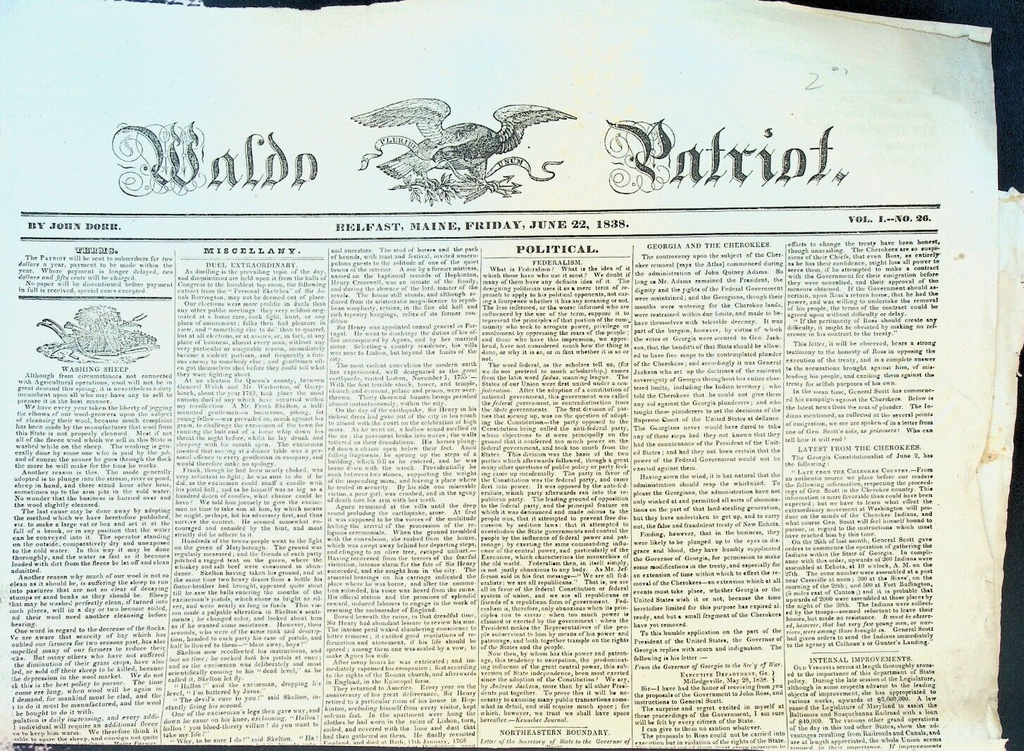 Waldo Patriot Newspaper June 22 1838 Belfast Maine Georgia & Cherokees