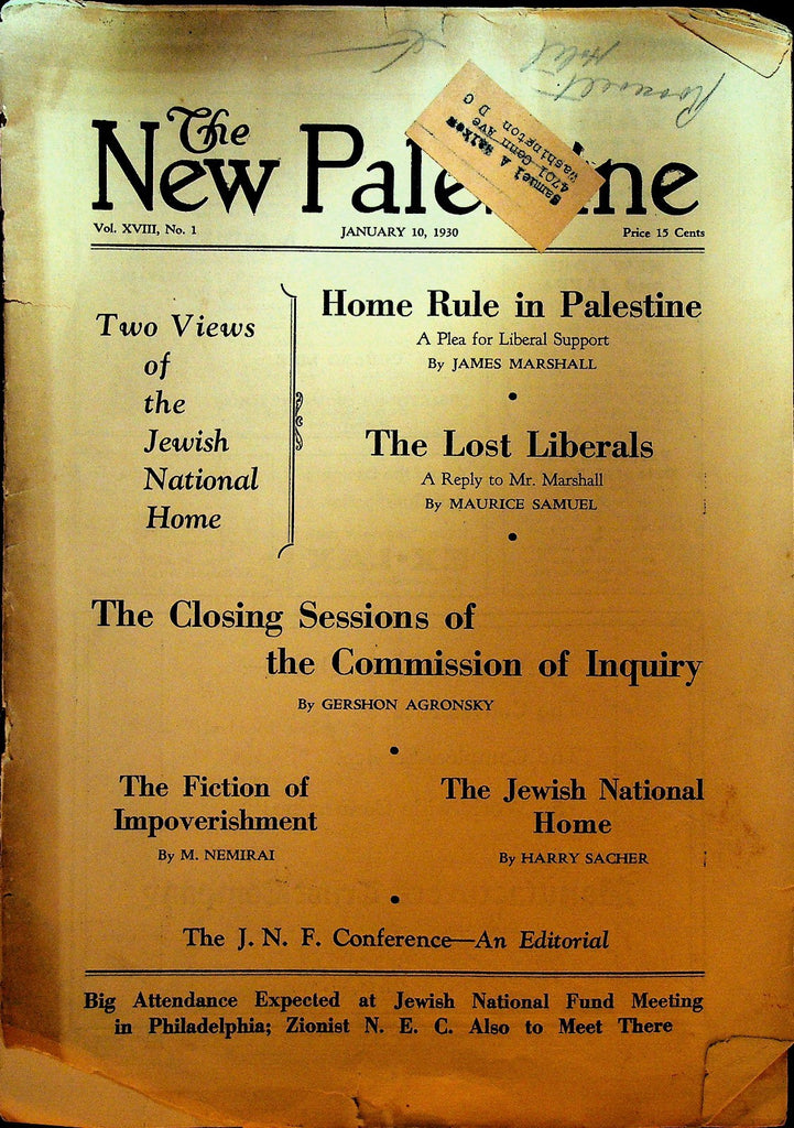 The New Palestine Magazine January 10 1930 Maurice Samuel Harry Sacher0
