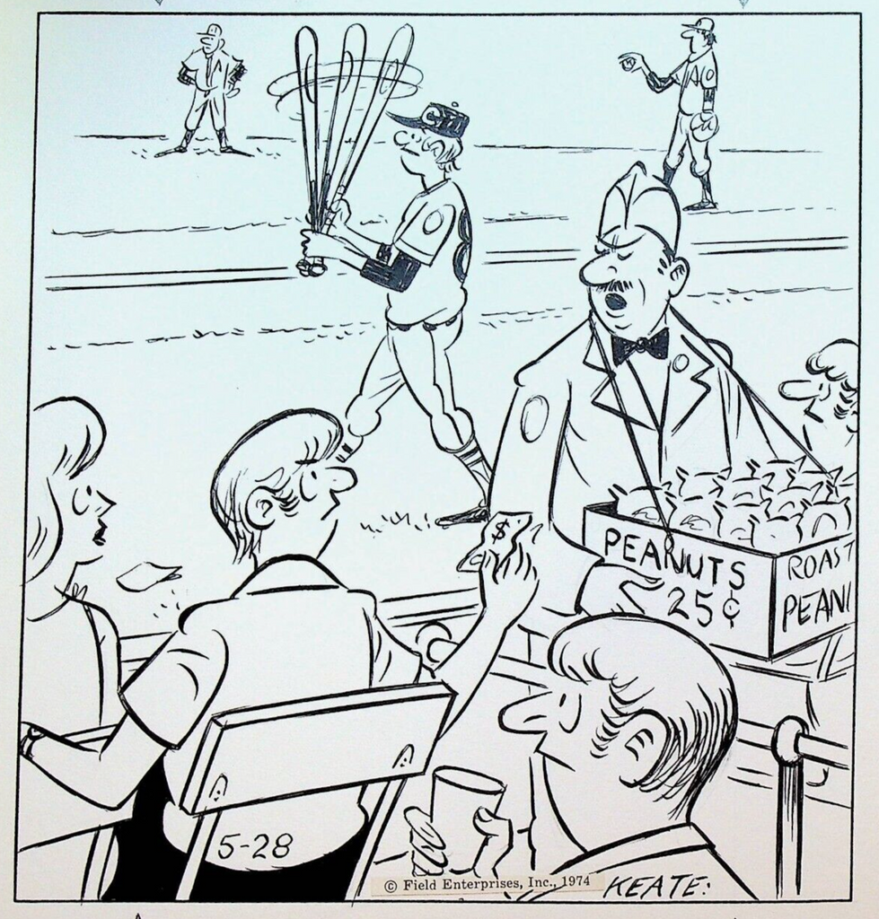 Jeff Keate Time Out Comic Strip Original Art Baseball May 28 1974 Peanut Vendor0