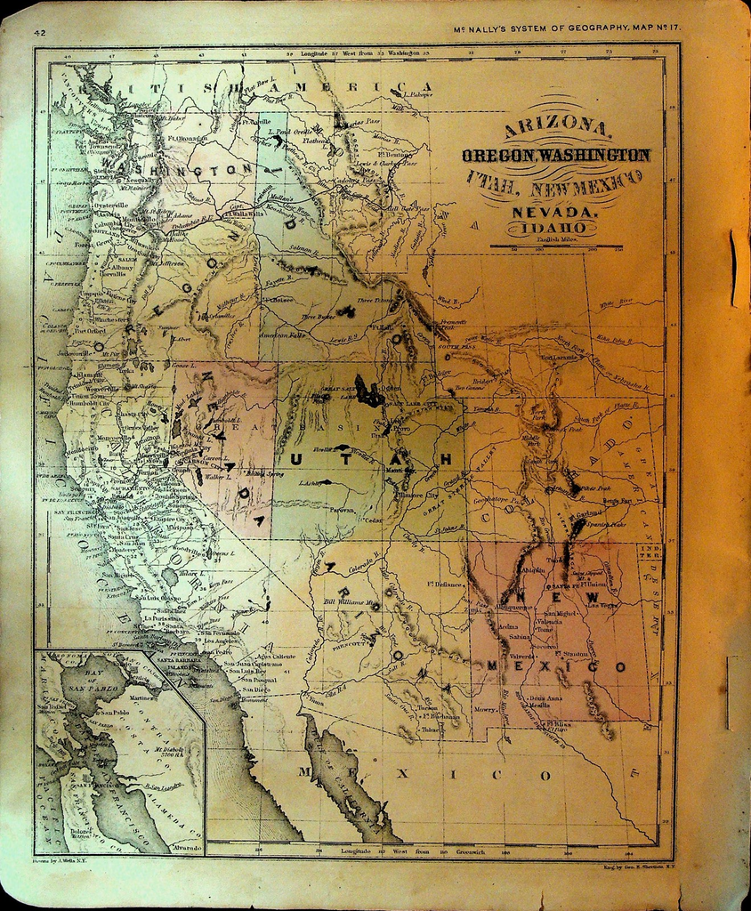 McNally's System of Geography 1800s Map 17 Arizona Utah Nevada Idaho Oregon0