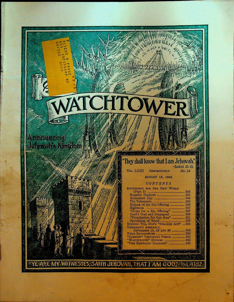 The Watchtower Magazine Jehovah's Witness August 15 1942 New World Atonement0