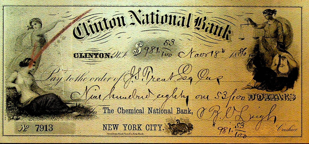 Clinton National Bank New Jersey Used Bank Check 18860