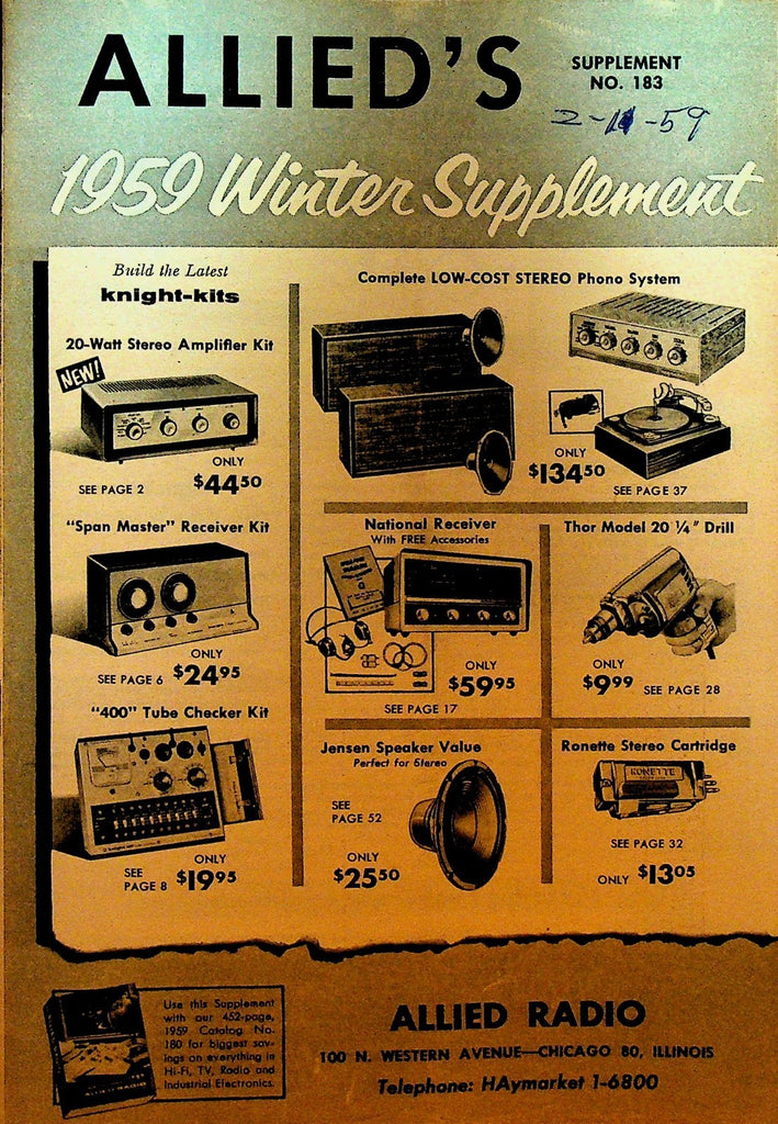 Allied Radio 1959 Winter Supplement Catalog #183 Receivers Speakers Tubes0