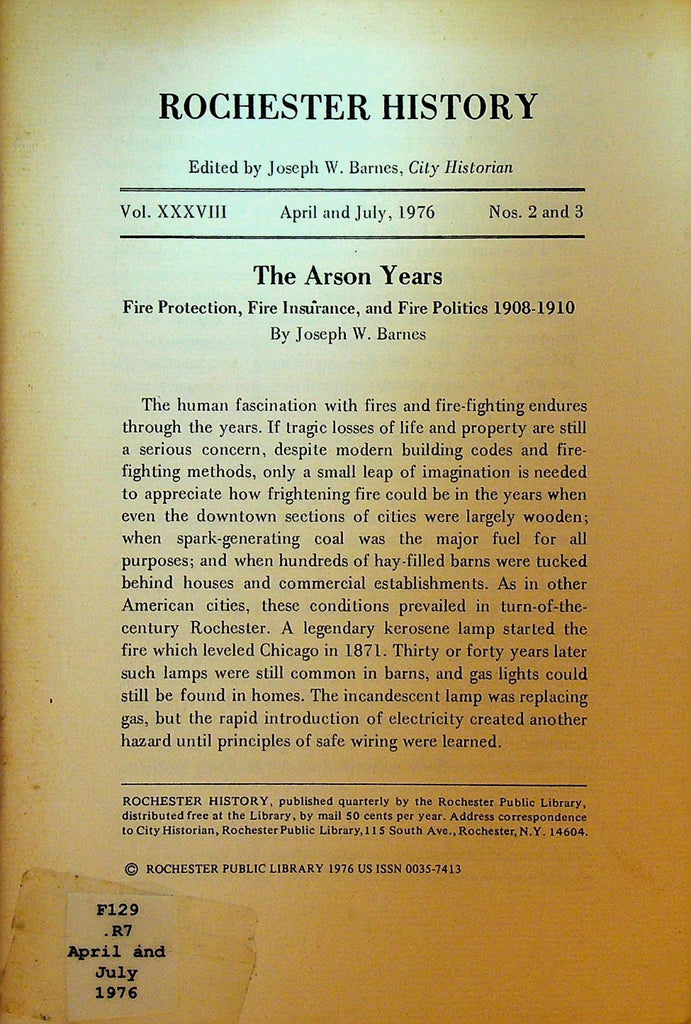 Rochester History NY April 1976 Fire Protection Insurance & Politics0
