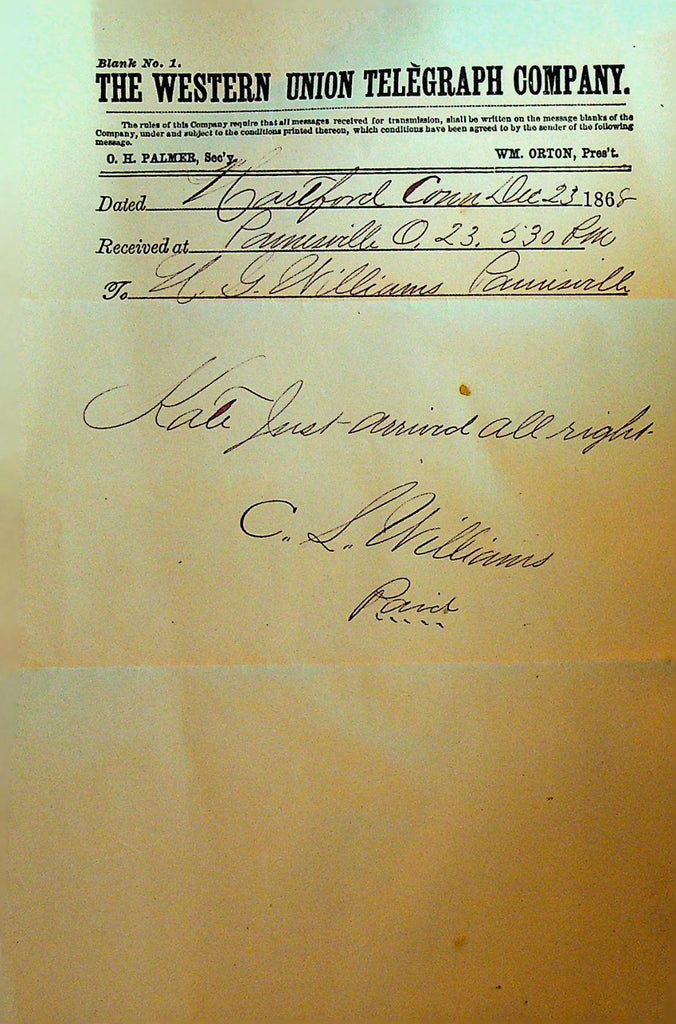Western Union Telegraph December 1868 Hartford Ct to Painesville Ohio Arrived0