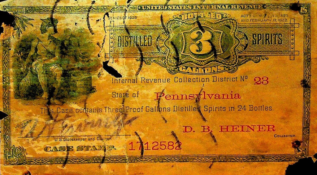 Distilled Spirits Tax Stamp 3 Gallons District 23 Pennsylvania Series of 1928