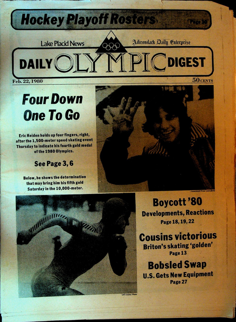Lake Placid News Daily Olympic Digest February 22 1980 USA Hockey Eric Heiden0