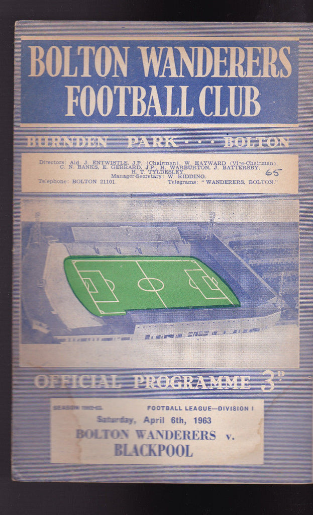 Bolton Wanderers v Blackpool Official Programme April 6 1963 Football Soccer0
