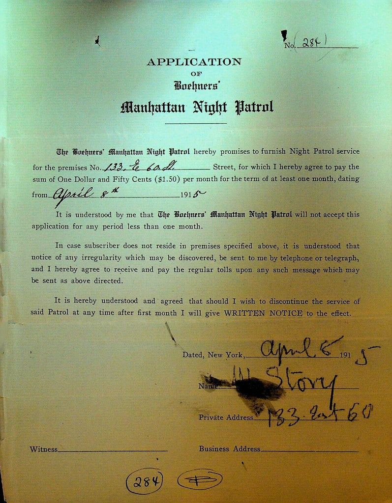 Boehners Manhattan Night Patrol Signed Contract 1915 W Story 133 E 60th St