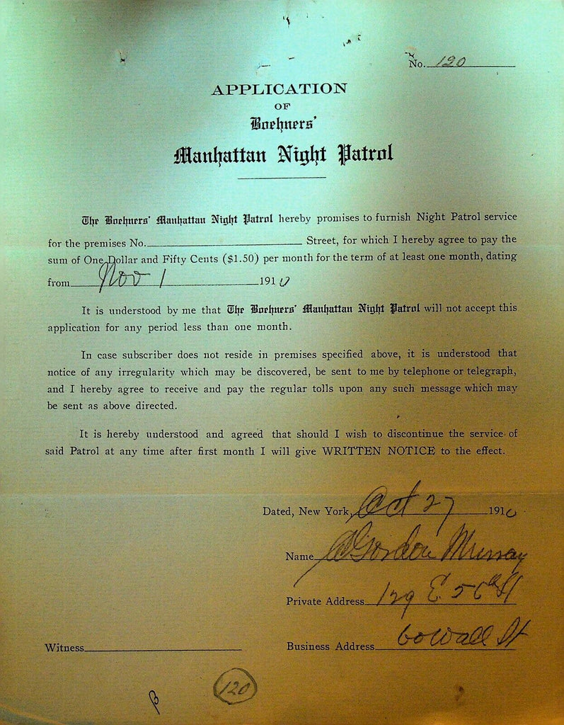 Boehners Manhattan Night Patrol Signed Contract 1910 W Gordon Murray