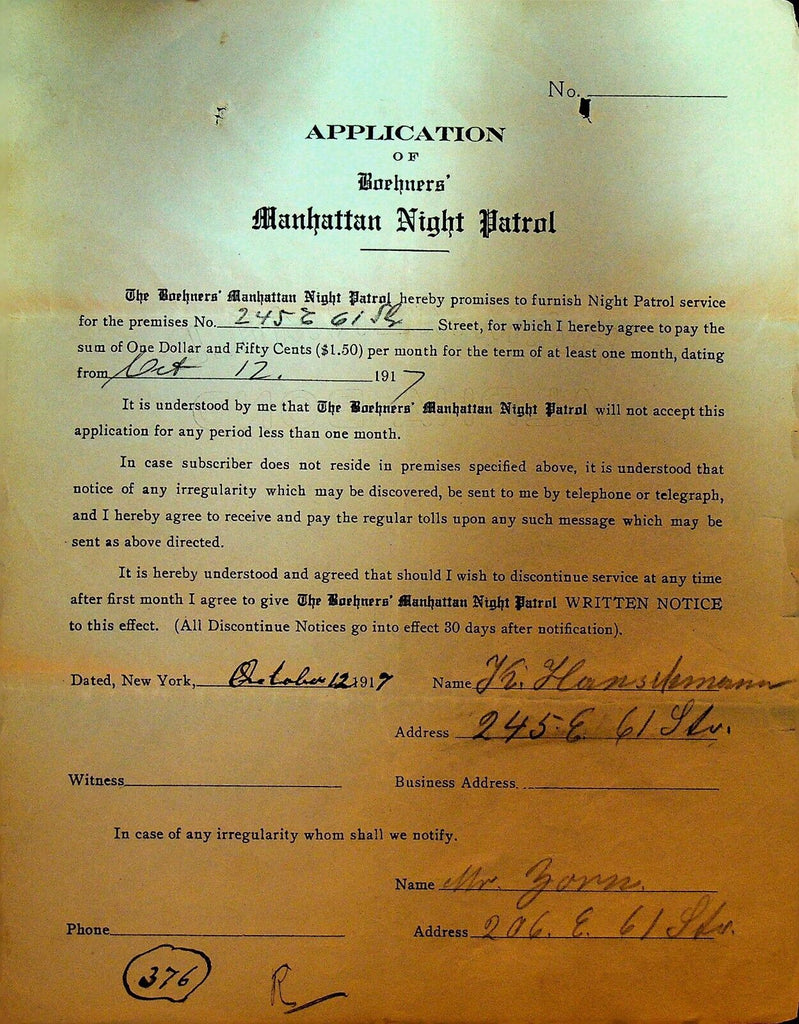 Boehners Manhattan Night Patrol Signed Contract 1917 JE Hans Hermann E 61st St