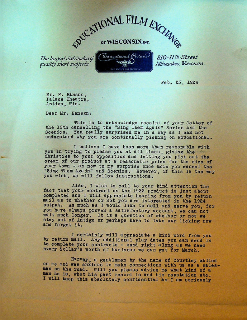 Educational Film Exchange Letterhead February 25 1924 Sing Them Again0