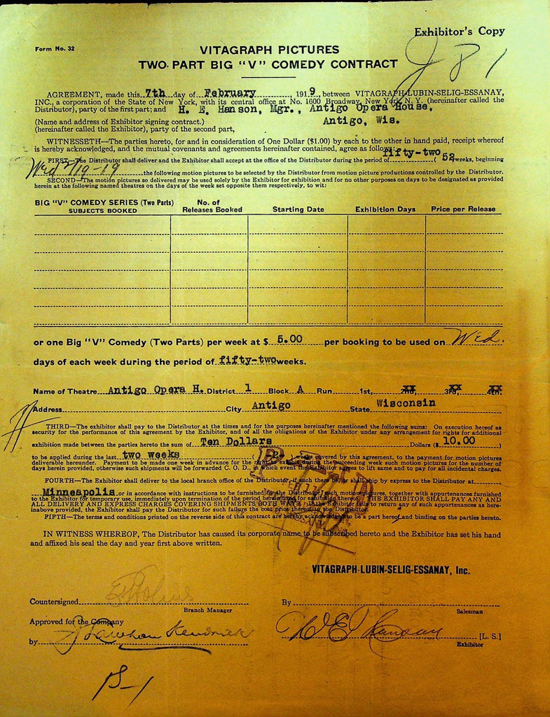 Vitagraph Pictures Contract Big V Comedy February 7 19190