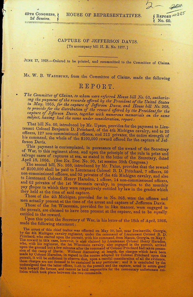 Capture of Jefferson Davis Confederate Civil War Government Report 18680