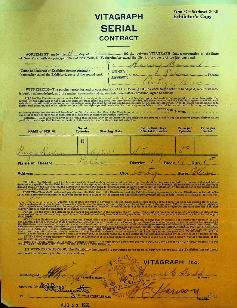 Vitagraph Serial Contract August 11 1921 Purple Riders Silent Film0