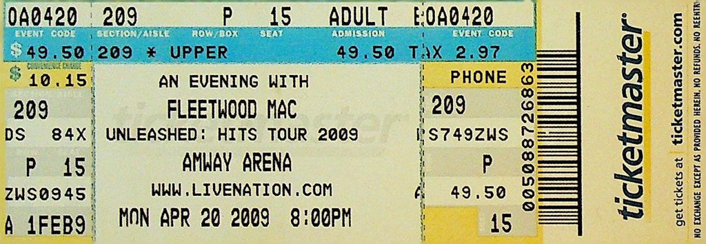 An Evening With Fleetwood Mac Unleashed Hits Tour 2009 Concert Ticket Orlando Fl0