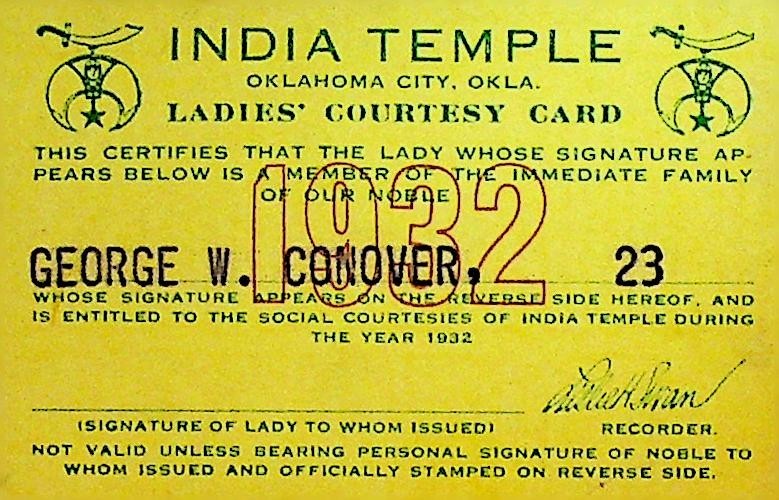 India Temple Ladies Courtesy Card Oklahoma City 1932 George Conover Shriners0